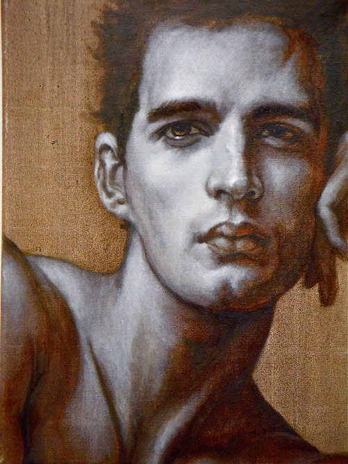 contemporary oil painting of hot male model by Julian Hsiung - HeadShots - What's Next - in Grisaille - contemporary portrait realisium art